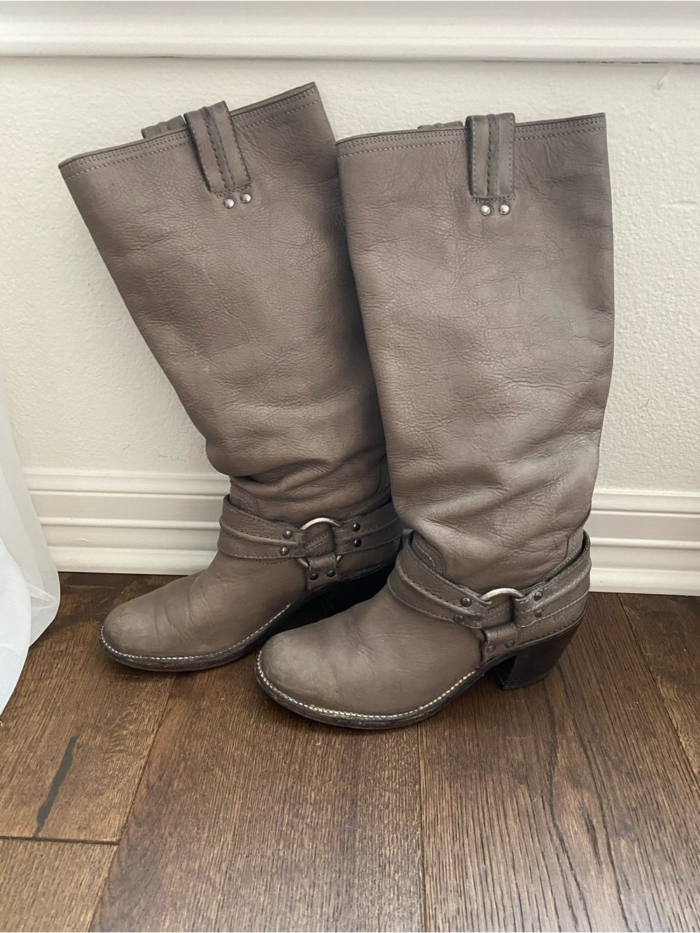 Frye Gray Leather Knee-High Heeled Boots